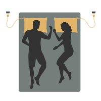Illustration von zwei Personen im Bett, jeweils mit einem geerdeten Kissenbezug an der Steckdose