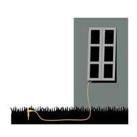 Illustration eines Erdungsstabs im Garten, dessen Kabel durch das Fenster nach innen führt