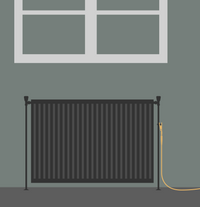 Illustration eines Heizkörpers mit angeschlossener Erdungsklemme und Kabel in den Raum